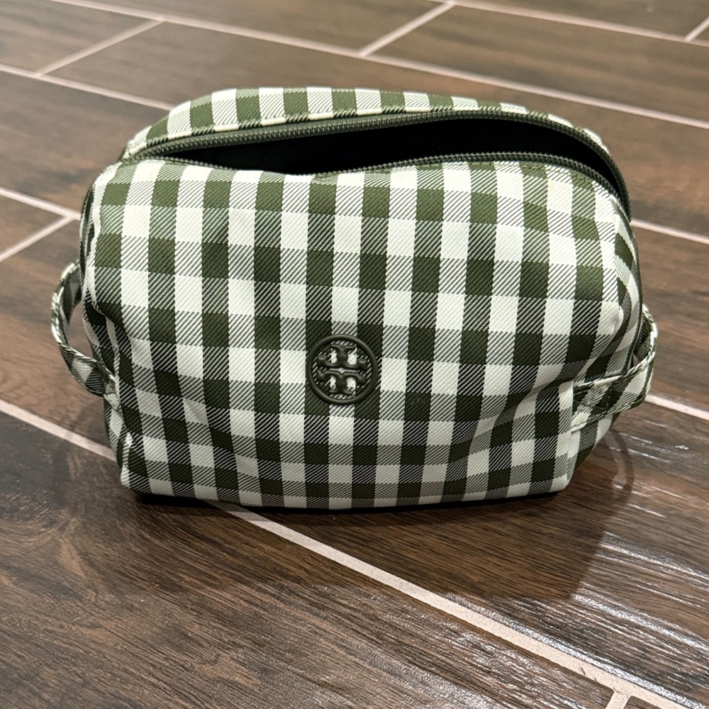 Tory Burch Green Checkered Cosmetic Bag